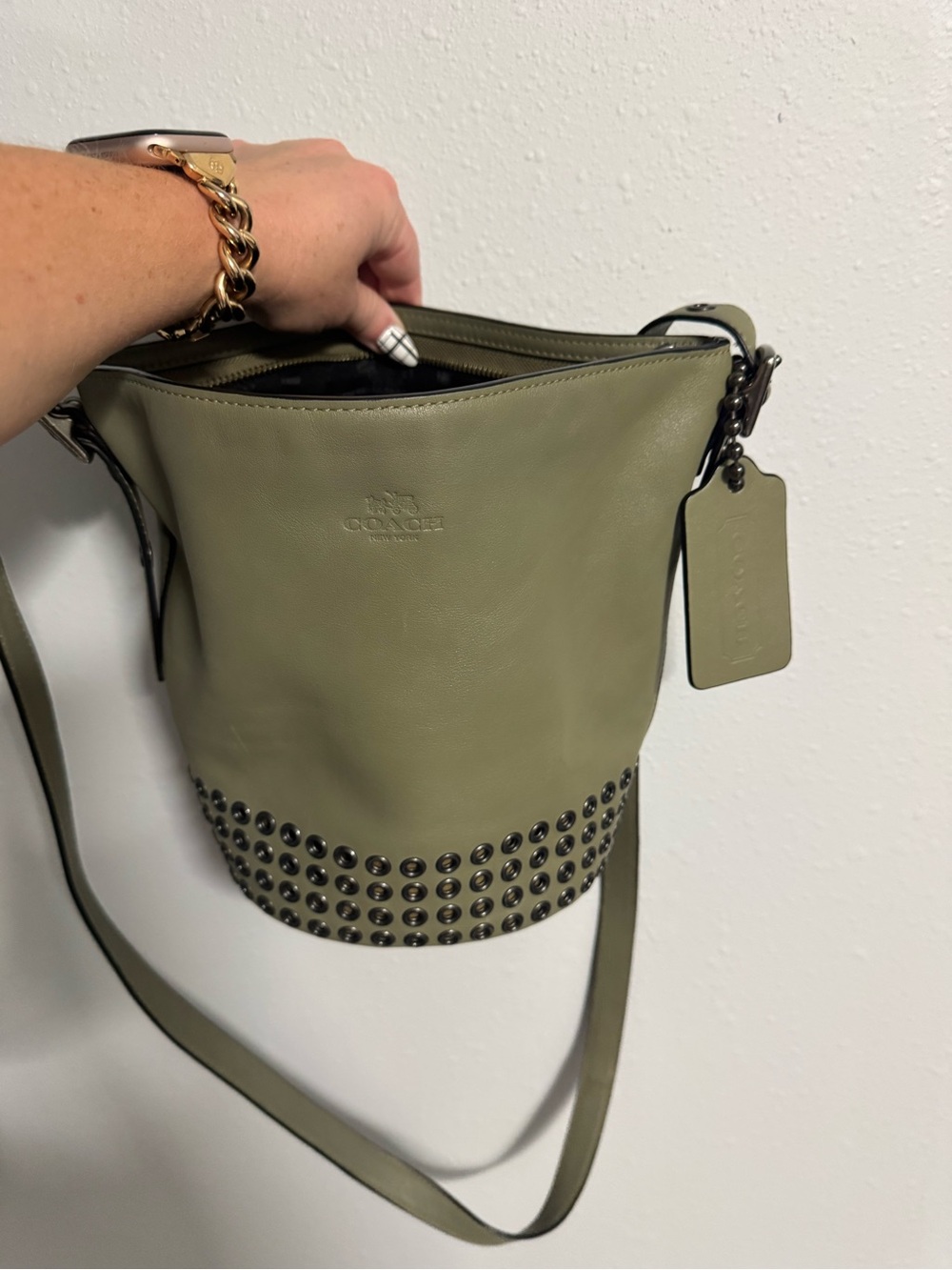 Coach Olive Green Studded Leather Crossbody Bucket Bag